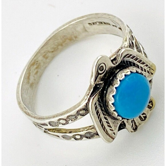 Bell Trading Post Thunderbird Ring Cigar Band Turquoise Cabochon Sz 4.75 Signed - Picture 9 of 12